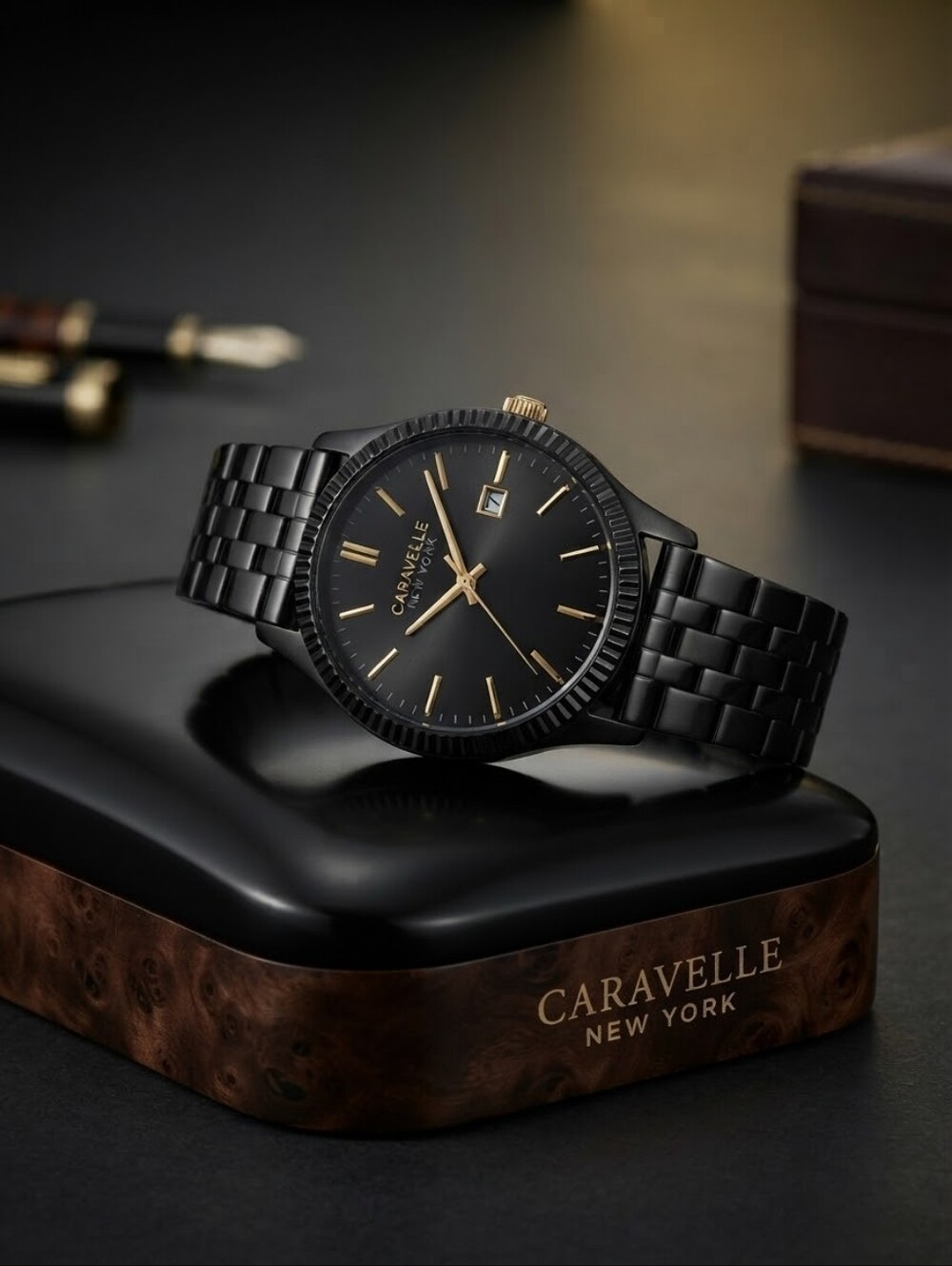 Caravelle New York Black & Gold Tone Fluted Bezel Bulova
